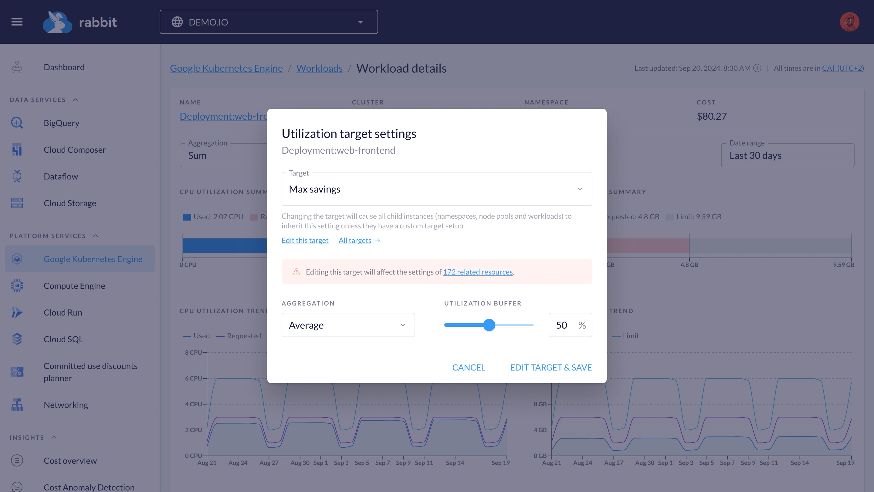 Utilization target settings example with target of max savings