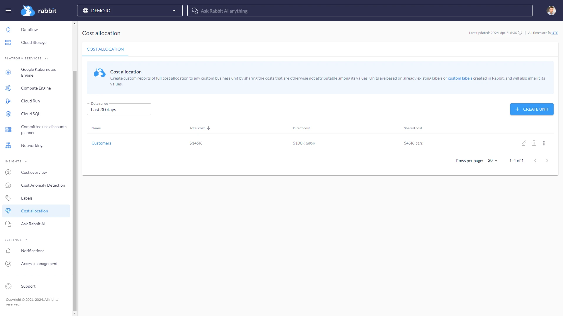 Cost allocation list page example