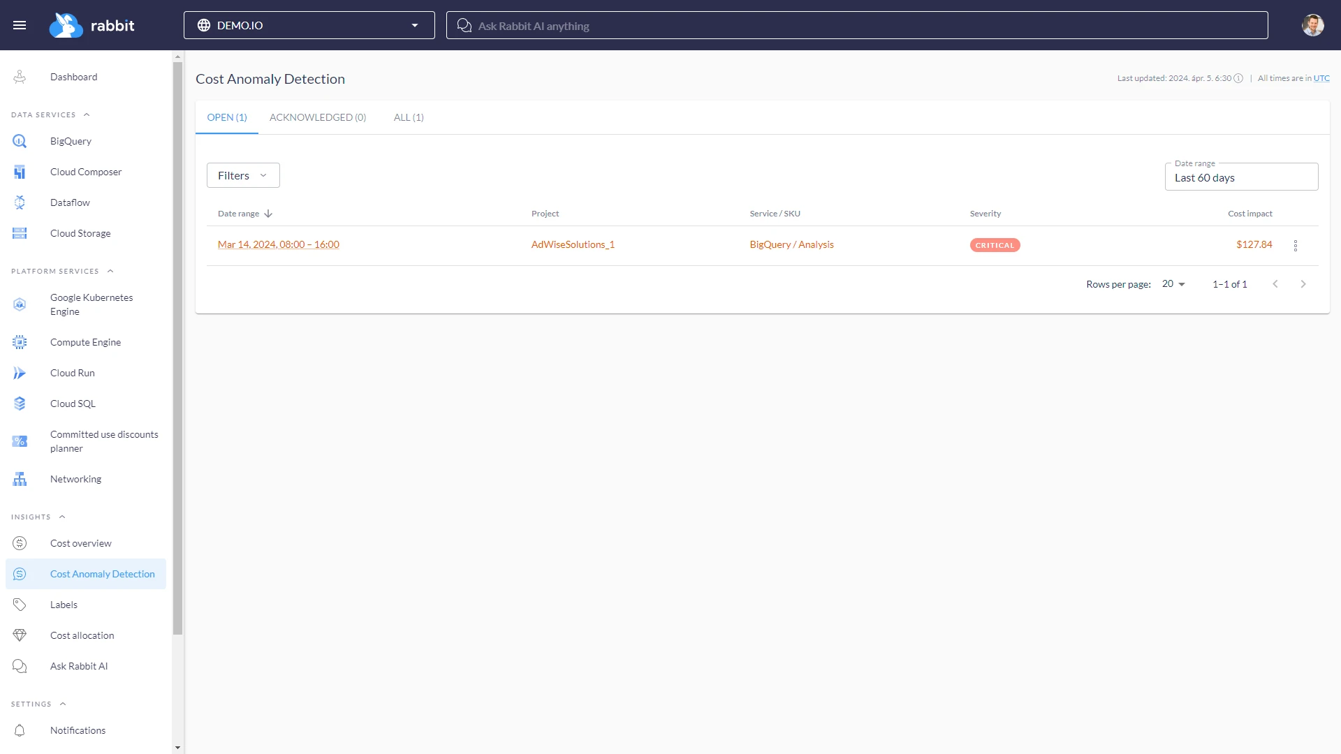 Cost Anomaly Detection list page example