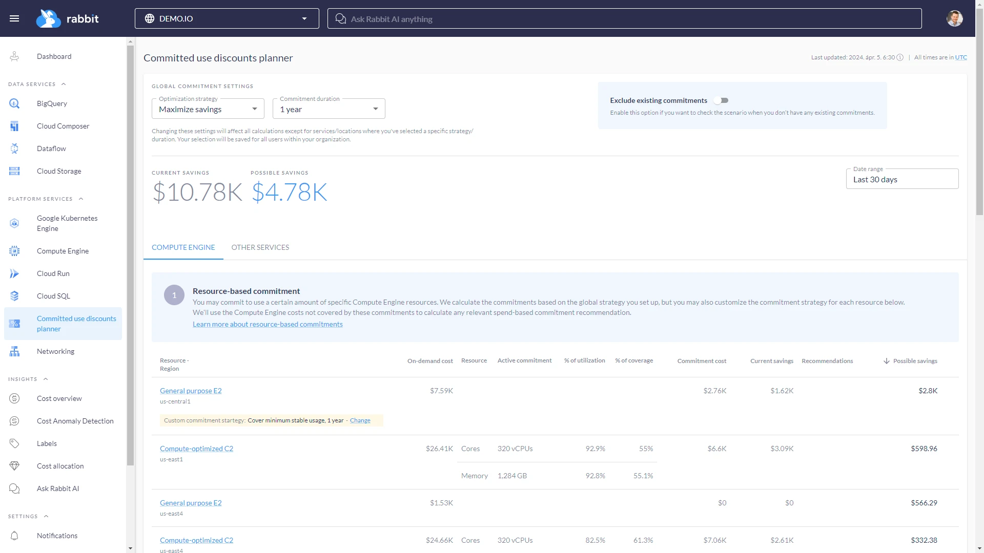 Committed use discounts planner page - Compute Engine tab example 1